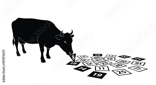 Black cow silhouette picking up numbered card