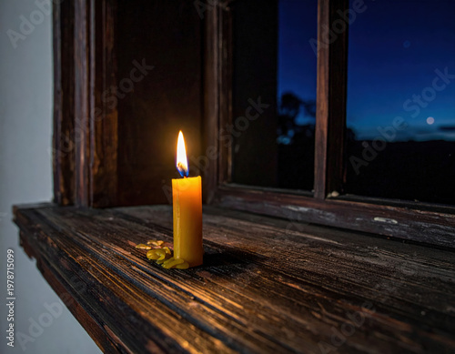 Flickering beeswax candle cozy room closeup cinematic photograph warm environment intimate viewpoint captivating atmosphere