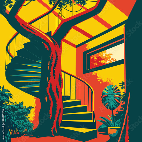 A spiral staircase made of dark wood winding around a giant sequoia tree, boho-chic interior photography.