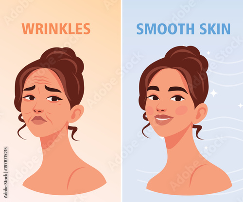 Vector illustration, wrinkles on the face before and after. A woman with wrinkles, in another portrait a woman with smoothed, fresh skin. For advertising skin care products, cosmetics, beauty