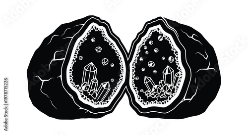 Black and white illustration of a geode with crystals inside