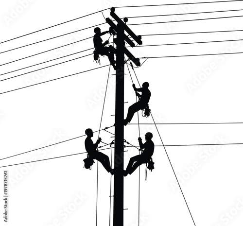 Electric Utility Workers Team on Power Line Silhouette – Linemen, electricity, power, utility, repair, maintenance, worker, team, engineer, industrial, safety, infrastructure, energy, silhouette