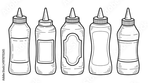Vector illustration set of plastic squeeze condiment bottles: ketchup, mustard, and mayonnaise bottles with flip-top caps, nozzle tips, label areas, different bottle shapes and sizes, front and side v