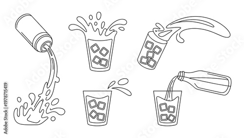 Vector illustration set of dynamic soda drink elements: splashing liquid, pouring soda, ice cubes, bubbles, droplets, fizz effects, open can with spray, bottle pouring into glass. Composition focused 