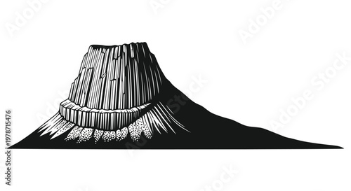 Black and white illustration of a volcano with a distinctive crater and rugged terrain