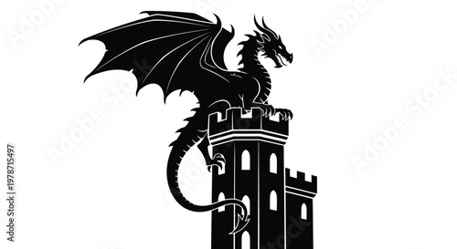 A black silhouette of a dragon sitting on top of a castle tower