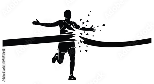 A black silhouette of a runner breaking through a finish line in a dynamic motion