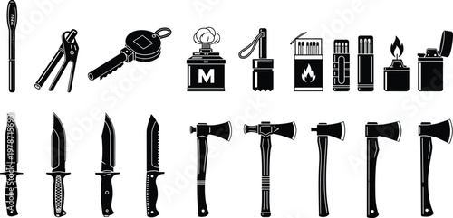 Set, of, survival, and, outdoor, tool, silhouettes, featuring, knives, axes, matches, lighters, and, fire, starting, equipment, for, camping, adventure, isolated, on, black, background.