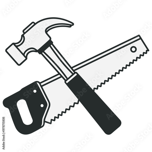 A hammer and saw lie crossed on a workbench indoors.