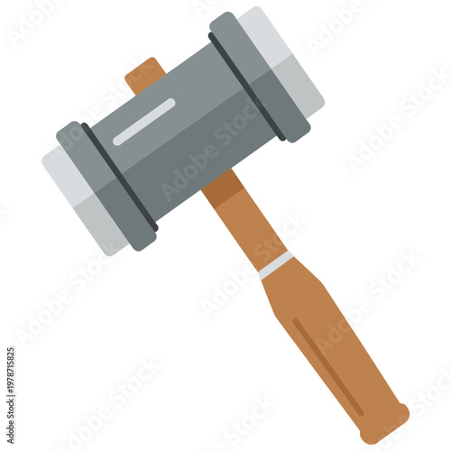 A large gray gavel lies on a flat surface with its brown wooden handle.