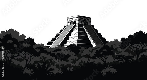 Illustration of a mayan temple surrounded by trees in black and white