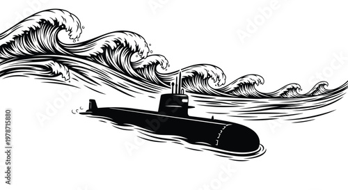Black and white illustration of a submarine navigating through large ocean waves
