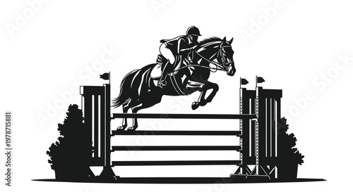 Black silhouette of a horse and rider jumping over a hurdle in equestrian sports
