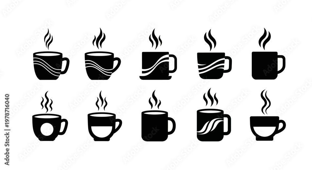 Fototapeta premium Hot coffee mug icons collection featuring wave patterns and steam silhouettes minimalist black caffeine symbols for cafe branding isolated on white background