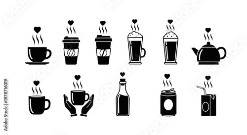 Beverage packaging and drink containers set with heart icons including coffee cup paper mug bottle can juice box and teapot silhouette on white background