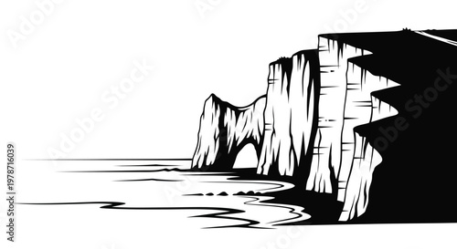 Black and white illustration of a rocky cliffside by the ocean with a cave