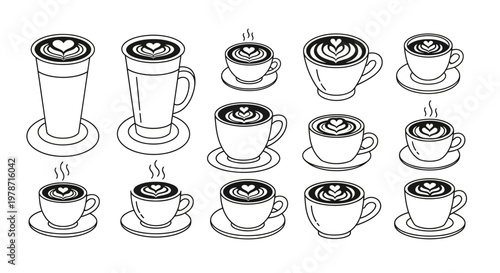 Latte art coffee cup icons set with foam heart patterns and steam details minimalist line art vector illustrations for coffee shop branding and menu
