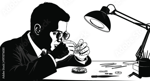A man in a suit examines a watch with a magnifying glass at a desk with tools and a lamp