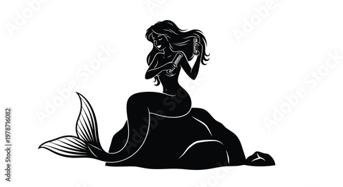 Black silhouette of a mermaid sitting on the ground combing her long hair with a widetooth comb