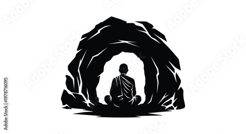 Black silhouette of a meditating buddha sitting in a cave