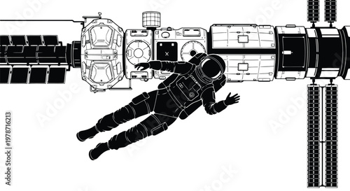 Astronaut floating in space near a spacecraft module