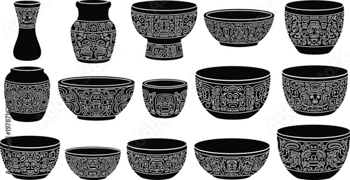 WebSet, of, ancient, Mayan, and, Aztec, pottery, silhouettes, featuring, traditional, engraved, patterns, on, vases, and, bowls, for, history, museum, archeology, design, isolated, white, background.