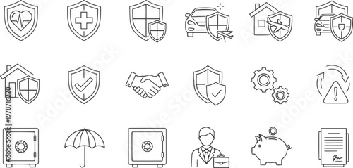 Complete Insurance and Safety Protection Line Art Icon Set