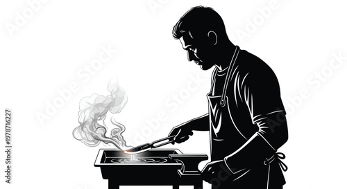 Black silhouette of a man grilling food on an electric stove