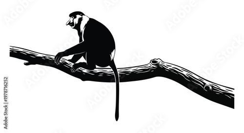 Black and white illustration of a monkey sitting on a tree branch