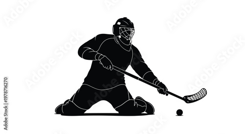 Black silhouette of a floorball goalkeeper in action
