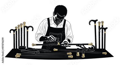 A craftsman in an apron assembles canes on a worktable with various tools