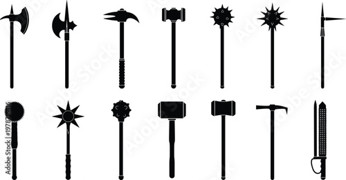 Set of medieval weapon icons, ancient battle gear silhouettes with axes, hammers, maces, and spears, black warrior tool elements isolated on white background.