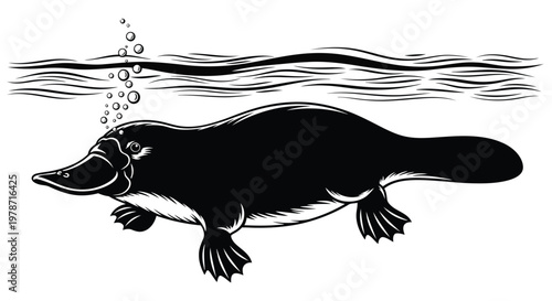 Black and white illustration of a platypus swimming in water with bubbles