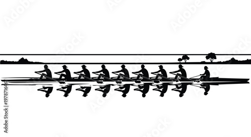 Silhouette of rowing team in a boat on water with landscape