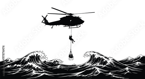 A helicopter performing a rescue operation over turbulent ocean waves at sea