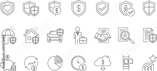 Global Insurance and Financial Investment Security Line Art Icon Collection