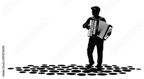 Black silhouette of a man playing an accordion on a pattern of circles