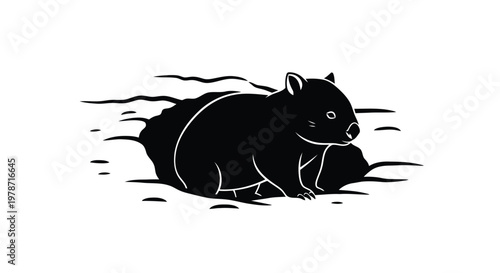 Black silhouette of a wombat sitting on the ground with abstract lines