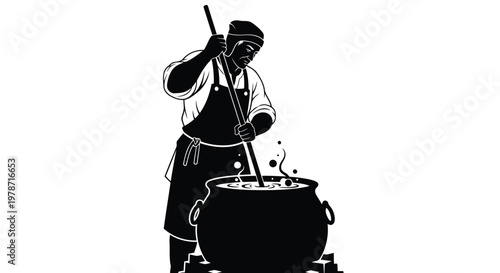 Black silhouette of a chef stirring a large pot on a stove while wearing an apron and hat
