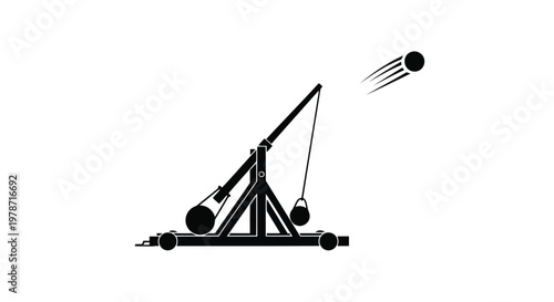 Black silhouette of a medieval catapult launching a heavy ball
