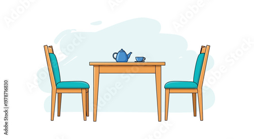 A simple dining setup with a wooden table two chairs a teapot and a teacup