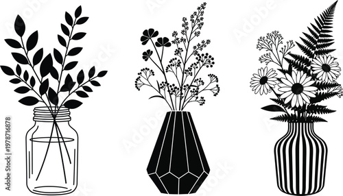 Floral arrangement set featuring leaves and flowers in decorative vases