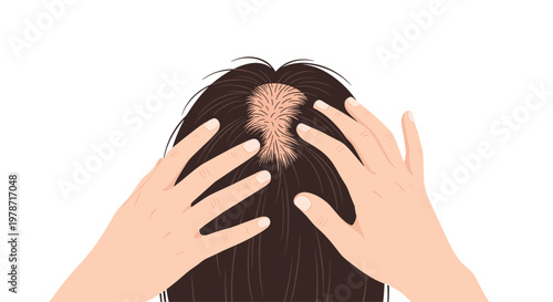 Thinning hair texture reveals a prominent scalp bald patch while two hands gently touch the crown area in a bright clinical setting with soft lighting.