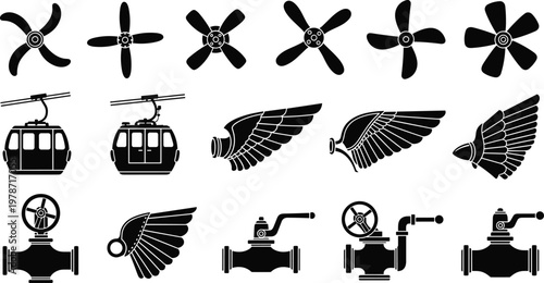 Propeller, turbine, cable, car, wing, and, valve, silhouette, set, featuring, industrial, mechanical, parts, aviation, transportation, technology, icons, isolated, on, white, background, design.