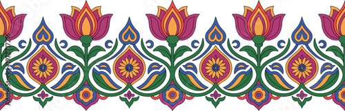 Colorful ethnic floral border with lotus flowers and decorative paisley elements vector illustration.