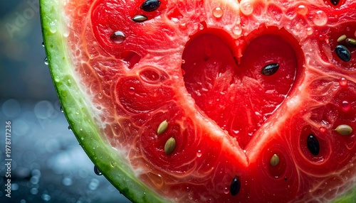 Close-up macro heart-shaped watermelon slice with juicy red flesh and black seeds