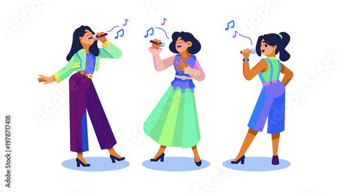 Young female singer performing with microphone modern music vector pop art