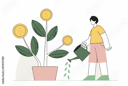 Man watering a money tree with coins. Investment growth, financial increase, first steps in investing concept. Flat line vector illustration