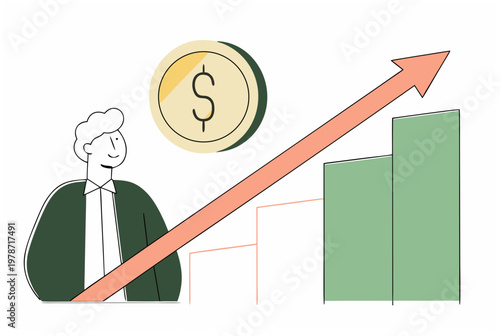 Young man with growing bar chart and increasing money coin. First steps in investing concept. Financial growth vector illustration for business