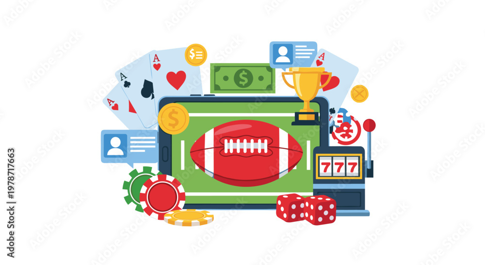 Fototapeta premium Digital tablet displays a football field interface surrounded by gambling icons like cards and chips in a clean and bright virtual betting environment.